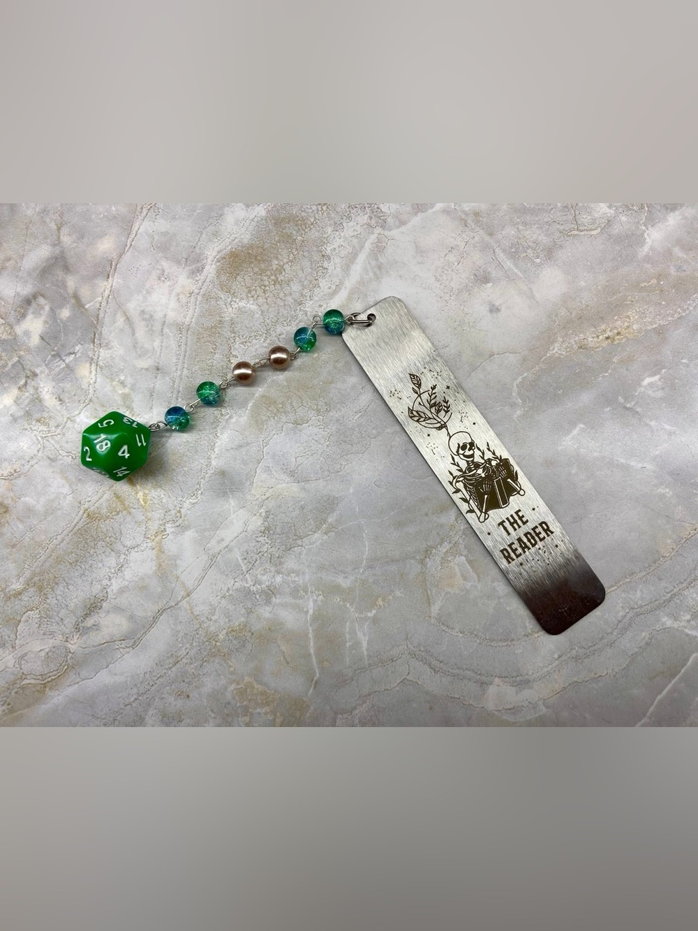 Hand Crafted Silver Metal Bookmark with Green Beads